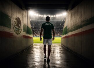 Dejemos de decir “sí se puede”, dejemos de soñar con el “¿Y si sí? Futbolista mexicano camina solo por el túnel de un estadio hacia una cancha iluminada, simbolizando la confianza, la preparación y la mentalidad ganadora antes de un partido.