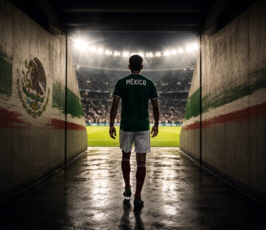 Dejemos de decir “sí se puede”, dejemos de soñar con el “¿Y si sí? Futbolista mexicano camina solo por el túnel de un estadio hacia una cancha iluminada, simbolizando la confianza, la preparación y la mentalidad ganadora antes de un partido.