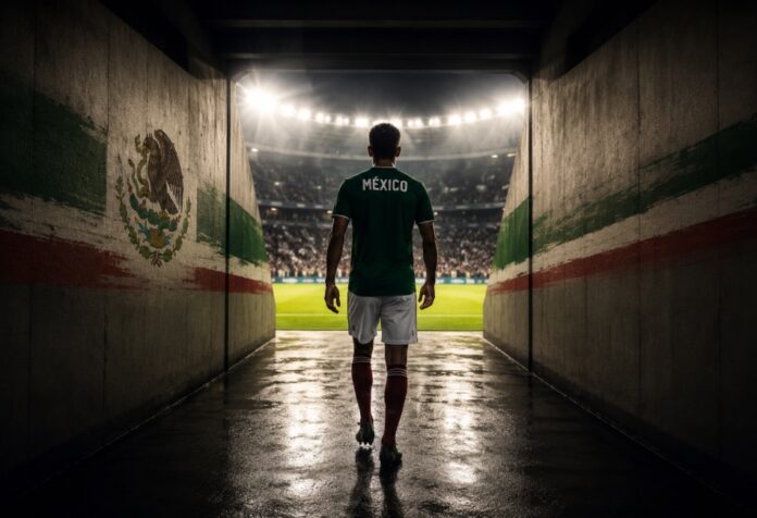 Futbolista mexicano camina solo por el túnel de un estadio hacia una cancha iluminada, simbolizando la confianza, la preparación y la mentalidad ganadora antes de un partido.