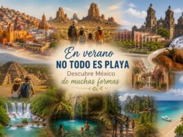 En verano no todo es playa: redescubrir México desde otro lugar Collage turístico de México con ciudades coloniales, desierto, zonas arqueológicas, cascadas, cenotes, gastronomía y paisajes naturales.