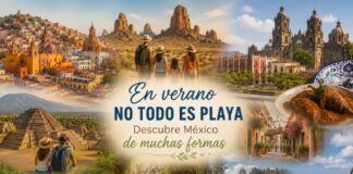 En verano no todo es playa: redescubrir México desde otro lugar Collage turístico de México con ciudades coloniales, desierto, zonas arqueológicas, cascadas, cenotes, gastronomía y paisajes naturales.