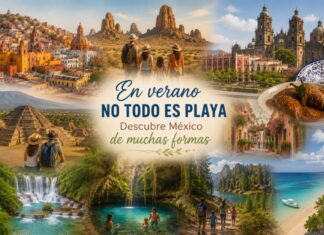 En verano no todo es playa: redescubrir México desde otro lugar Collage turístico de México con ciudades coloniales, desierto, zonas arqueológicas, cascadas, cenotes, gastronomía y paisajes naturales.