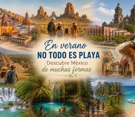 En verano no todo es playa: redescubrir México desde otro lugar Collage turístico de México con ciudades coloniales, desierto, zonas arqueológicas, cascadas, cenotes, gastronomía y paisajes naturales.