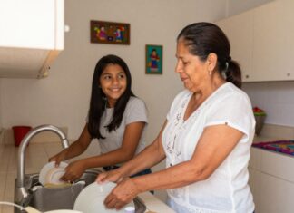 La costumbre que estamos perdiendo… y que puede cambiar una familia Una mujer y una adolescente lavan los platos juntas en la cocina de su hogar mientras conversan y sonríen, reflejando la importancia de compartir tiempo en familia.