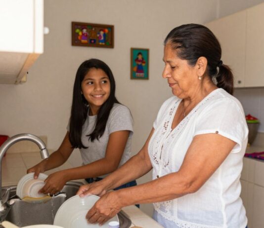 La costumbre que estamos perdiendo… y que puede cambiar una familia Una mujer y una adolescente lavan los platos juntas en la cocina de su hogar mientras conversan y sonríen, reflejando la importancia de compartir tiempo en familia.