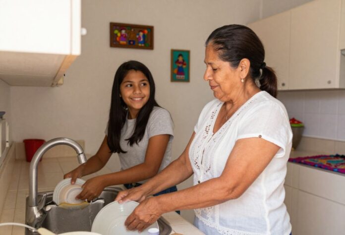 Una mujer y una adolescente lavan los platos juntas en la cocina de su hogar mientras conversan y sonríen, reflejando la importancia de compartir tiempo en familia.
