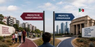 PAN adopta la estrategia de Morena para preparar el camino rumbo a 2027 Ilustración conceptual de dos caminos políticos: uno orientado a un proyecto de transformación social y otro a una propuesta conservadora, simbolizando el debate sobre las estrategias partidistas rumbo a las elecciones de 2027 en México.