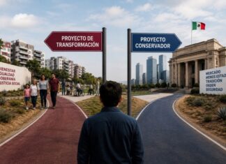 PAN adopta la estrategia de Morena para preparar el camino rumbo a 2027 Ilustración conceptual de dos caminos políticos: uno orientado a un proyecto de transformación social y otro a una propuesta conservadora, simbolizando el debate sobre las estrategias partidistas rumbo a las elecciones de 2027 en México.