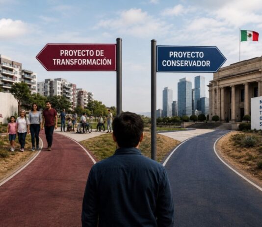 PAN adopta la estrategia de Morena para preparar el camino rumbo a 2027 Ilustración conceptual de dos caminos políticos: uno orientado a un proyecto de transformación social y otro a una propuesta conservadora, simbolizando el debate sobre las estrategias partidistas rumbo a las elecciones de 2027 en México.