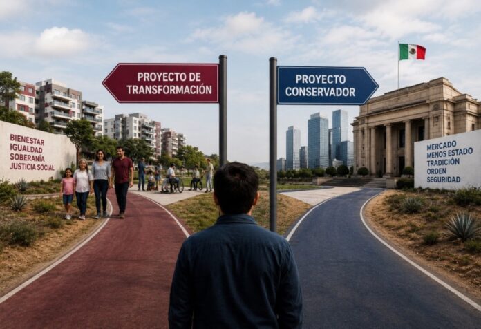 Estrategia política del PAN Ilustración conceptual de dos caminos políticos: uno orientado a un proyecto de transformación social y otro a una propuesta conservadora, simbolizando el debate sobre las estrategias partidistas rumbo a las elecciones de 2027 en México.