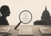 Estados Unidos acusa sin pruebas, mientras México presenta una inferencia lógica al decir que ese país pactó con el crimen organizado Ilustración conceptual con una lupa sobre documentos que representan hechos, análisis, inferencias y evidencias entre las siluetas de Claudia Sheinbaum y un edificio institucional estadounidense.
