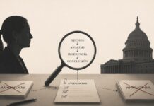 Estados Unidos acusa sin pruebas, mientras México presenta una inferencia lógica al decir que ese país pactó con el crimen organizado Ilustración conceptual con una lupa sobre documentos que representan hechos, análisis, inferencias y evidencias entre las siluetas de Claudia Sheinbaum y un edificio institucional estadounidense.