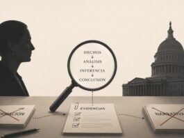 Estados Unidos acusa sin pruebas, mientras México presenta una inferencia lógica al decir que ese país pactó con el crimen organizado Ilustración conceptual con una lupa sobre documentos que representan hechos, análisis, inferencias y evidencias entre las siluetas de Claudia Sheinbaum y un edificio institucional estadounidense.