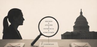 Estados Unidos acusa sin pruebas, mientras México presenta una inferencia lógica al decir que ese país pactó con el crimen organizado Ilustración conceptual con una lupa sobre documentos que representan hechos, análisis, inferencias y evidencias entre las siluetas de Claudia Sheinbaum y un edificio institucional estadounidense.