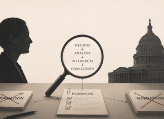 Estados Unidos acusa sin pruebas, mientras México presenta una inferencia lógica al decir que ese país pactó con el crimen organizado Ilustración conceptual con una lupa sobre documentos que representan hechos, análisis, inferencias y evidencias entre las siluetas de Claudia Sheinbaum y un edificio institucional estadounidense.