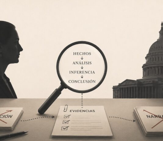 Estados Unidos acusa sin pruebas, mientras México presenta una inferencia lógica al decir que ese país pactó con el crimen organizado Ilustración conceptual con una lupa sobre documentos que representan hechos, análisis, inferencias y evidencias entre las siluetas de Claudia Sheinbaum y un edificio institucional estadounidense.