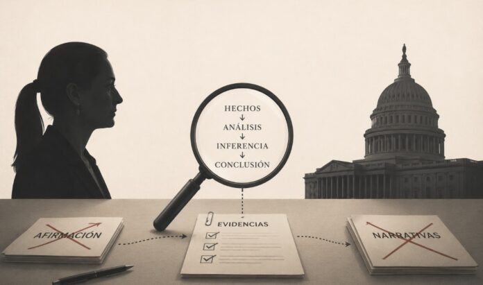 Evidencias, pruebas e inferencias Ilustración conceptual con una lupa sobre documentos que representan hechos, análisis, inferencias y evidencias entre las siluetas de Claudia Sheinbaum y un edificio institucional estadounidense.