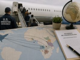 Estados Unidos consolida las deportaciones de migrantes hacia terceros países africanos Mapa de África junto a un documento de cooperación migratoria y un avión con personas abordando, como representación conceptual de la política de deportaciones de Estados Unidos hacia terceros países africanos.