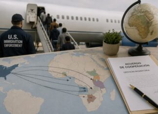 Estados Unidos consolida las deportaciones de migrantes hacia terceros países africanos Mapa de África junto a un documento de cooperación migratoria y un avión con personas abordando, como representación conceptual de la política de deportaciones de Estados Unidos hacia terceros países africanos.