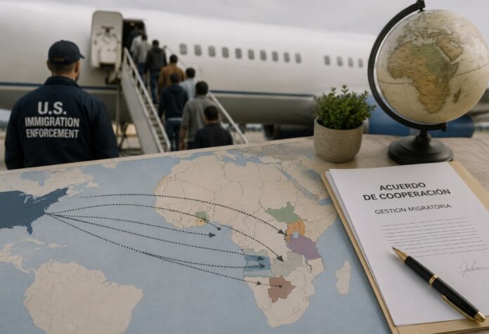 Expulsión de africanos en Estados Unidos Mapa de África junto a un documento de cooperación migratoria y un avión con personas abordando, como representación conceptual de la política de deportaciones de Estados Unidos hacia terceros países africanos.