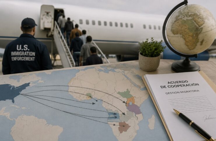 Estados Unidos consolida las deportaciones de migrantes hacia terceros países africanos Mapa de África junto a un documento de cooperación migratoria y un avión con personas abordando, como representación conceptual de la política de deportaciones de Estados Unidos hacia terceros países africanos.