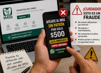 IMSS alerta sobre fraudes que ofrecen falsas afiliaciones y seguridad social por internet Ilustración que advierte sobre fraudes relacionados con falsas afiliaciones al IMSS a través de internet y redes sociales.