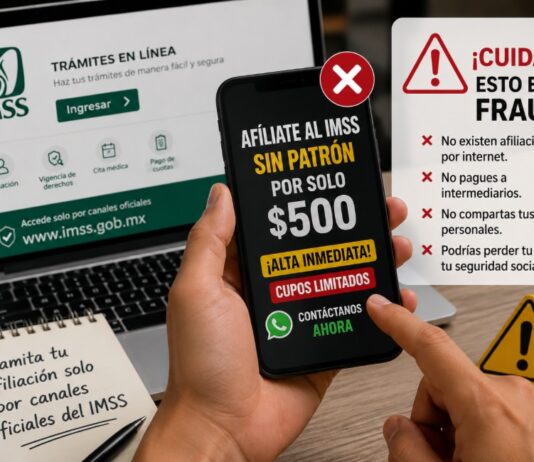 IMSS alerta sobre fraudes que ofrecen falsas afiliaciones y seguridad social por internet Ilustración que advierte sobre fraudes relacionados con falsas afiliaciones al IMSS a través de internet y redes sociales.