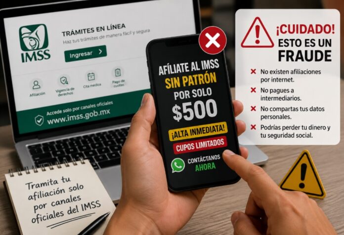 Fraudes con afiliaciones falsas Ilustración que advierte sobre fraudes relacionados con falsas afiliaciones al IMSS a través de internet y redes sociales.