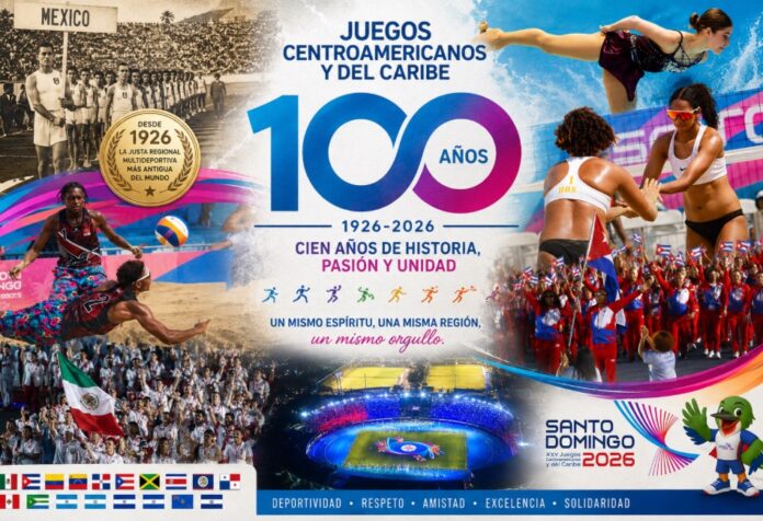 Juegos Centroamericanos y del Caribe Collage conmemorativo por los 100 años de los Juegos Centroamericanos y del Caribe, con atletas de distintas disciplinas, delegaciones de México y Cuba, el estadio de Santo Domingo 2026, la mascota oficial y el emblema del centenario.