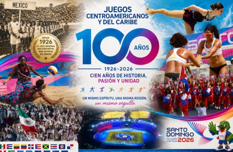 Los Juegos Centroamericanos y del Caribe cumplen cien años y siguen siendo una de las grandes competencias deportivas del continente Collage conmemorativo por los 100 años de los Juegos Centroamericanos y del Caribe, con atletas de distintas disciplinas, delegaciones de México y Cuba, el estadio de Santo Domingo 2026, la mascota oficial y el emblema del centenario.