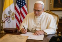 León XIV propone mirar la independencia desde la dignidad humana y el bien común El Papa León XIV firma una carta en el Vaticano con las banderas del Vaticano y Estados Unidos al fondo, con motivo del 250.º aniversario de la independencia estadounidense.
