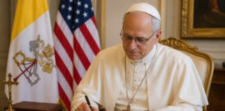 León XIV propone mirar la independencia desde la dignidad humana y el bien común El Papa León XIV firma una carta en el Vaticano con las banderas del Vaticano y Estados Unidos al fondo, con motivo del 250.º aniversario de la independencia estadounidense.