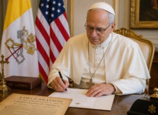 León XIV propone mirar la independencia desde la dignidad humana y el bien común El Papa León XIV firma una carta en el Vaticano con las banderas del Vaticano y Estados Unidos al fondo, con motivo del 250.º aniversario de la independencia estadounidense.