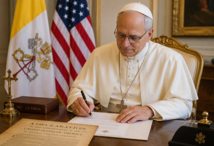 León XIV y el aniversario de la Independencia de Estados Unidos El Papa León XIV firma una carta en el Vaticano con las banderas del Vaticano y Estados Unidos al fondo, con motivo del 250.º aniversario de la independencia estadounidense.