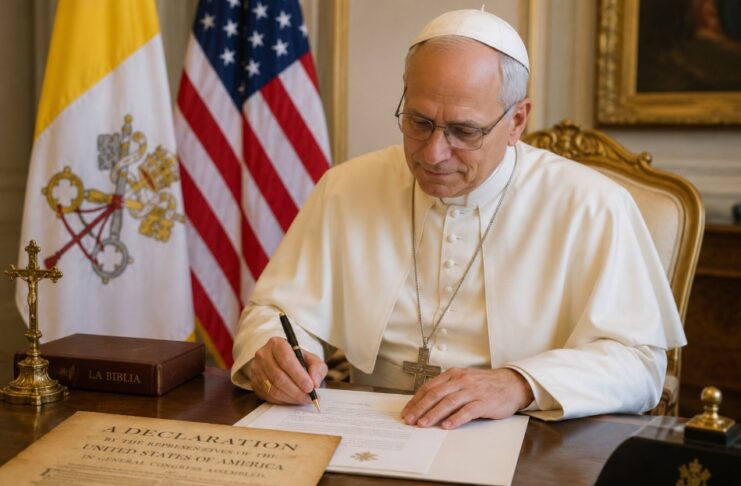 León XIV propone mirar la independencia desde la dignidad humana y el bien común El Papa León XIV firma una carta en el Vaticano con las banderas del Vaticano y Estados Unidos al fondo, con motivo del 250.º aniversario de la independencia estadounidense.