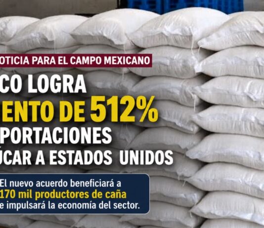 México logra aumento de 512% en exportaciones de azúcar a Estados Unidos; beneficiará a 170 mil productores Costales de azúcar apilados con una leyenda sobre el aumento de 512 por ciento en las exportaciones mexicanas a Estados Unidos.