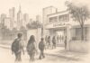 La Nueva Escuela Mexicana necesita un tablero de resultados para demostrar sus avances Ilustración a lápiz de una escuela urbana con siluetas de estudiantes caminando hacia la entrada.