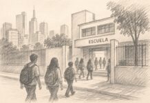 La Nueva Escuela Mexicana necesita un tablero de resultados para demostrar sus avances Ilustración a lápiz de una escuela urbana con siluetas de estudiantes caminando hacia la entrada.