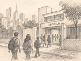 La Nueva Escuela Mexicana necesita un tablero de resultados para demostrar sus avances Ilustración a lápiz de una escuela urbana con siluetas de estudiantes caminando hacia la entrada.