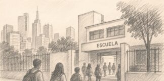 La Nueva Escuela Mexicana necesita un tablero de resultados para demostrar sus avances Ilustración a lápiz de una escuela urbana con siluetas de estudiantes caminando hacia la entrada.