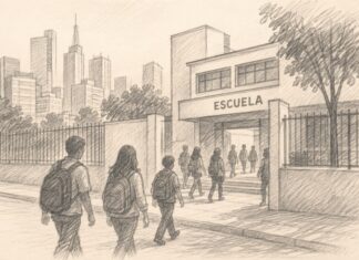 La Nueva Escuela Mexicana necesita un tablero de resultados para demostrar sus avances Ilustración a lápiz de una escuela urbana con siluetas de estudiantes caminando hacia la entrada.