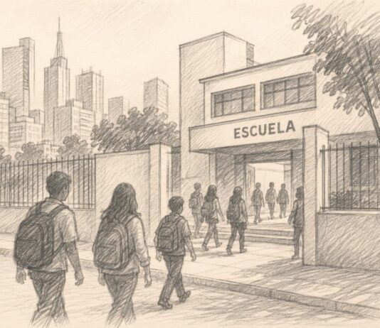 La Nueva Escuela Mexicana necesita un tablero de resultados para demostrar sus avances Ilustración a lápiz de una escuela urbana con siluetas de estudiantes caminando hacia la entrada.