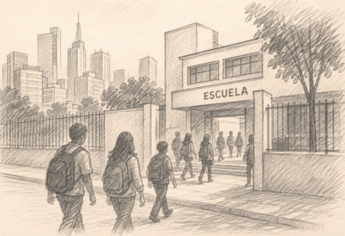 Nueva Escuela Mexicana Ilustración a lápiz de una escuela urbana con siluetas de estudiantes caminando hacia la entrada.