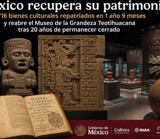 México fortalece la recuperación y difusión de su patrimonio cultural con nuevas repatriaciones y la renovación del museo de Teotihuacán Composición con piezas arqueológicas repatriadas y una vista del Museo de la Grandeza Teotihuacana, reabierto tras su renovación.
