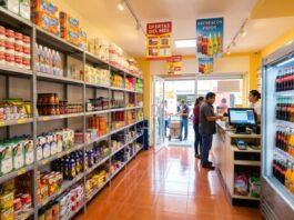 Poner una tiendita sí puede ser buen negocio, pero no es un triunfo asegurado Interior de una tienda de abarrotes con anaqueles surtidos, refrigeradores y clientes realizando compras.