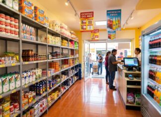 Poner una tiendita sí puede ser buen negocio, pero no es un triunfo asegurado Interior de una tienda de abarrotes con anaqueles surtidos, refrigeradores y clientes realizando compras.