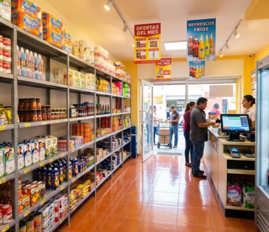 Poner una tiendita sí puede ser buen negocio, pero no es un triunfo asegurado Interior de una tienda de abarrotes con anaqueles surtidos, refrigeradores y clientes realizando compras.