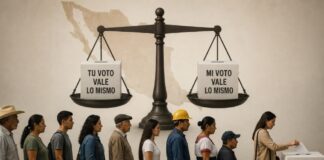 ¿Todos los votos valen lo mismo? Ciudadanos mexicanos de diferentes edades y profesiones esperan su turno para votar en una casilla electoral, representando la igualdad del sufragio.
