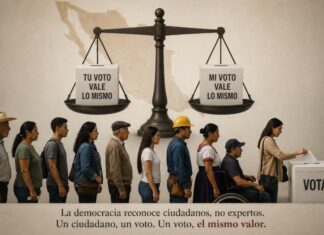 ¿Todos los votos valen lo mismo? Ciudadanos mexicanos de diferentes edades y profesiones esperan su turno para votar en una casilla electoral, representando la igualdad del sufragio.