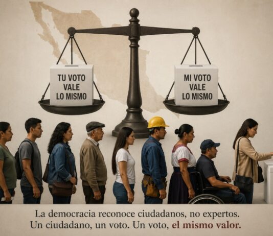 ¿Todos los votos valen lo mismo? Ciudadanos mexicanos de diferentes edades y profesiones esperan su turno para votar en una casilla electoral, representando la igualdad del sufragio.